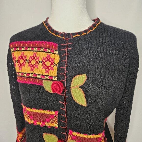 Susan Bristol Small Black Hand Embroidered Cardigan Boho Vintage Festive Floral - Picture 3 of 13